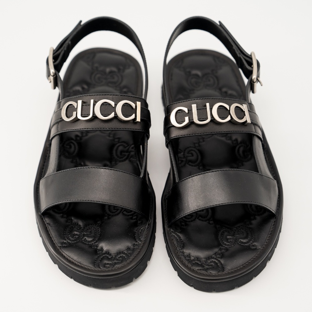 size 11G 11.5 US Gucci Leather Sandals Black Silver Logo Strap Buckle - Picture 3 of 12